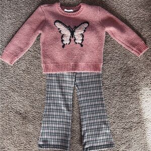 Pink Butterfly Sweater and Plaid Pants Set